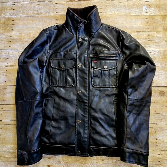 Levi's Brown Leather Bomber Trucker Jacket with Puffer Lining Men's Size Medium - Picture 2 of 8